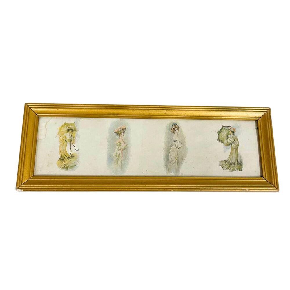 Vintage Gold Wood Framed Victorian Style Women With Umbrellas Print 15x5.5 - HLN